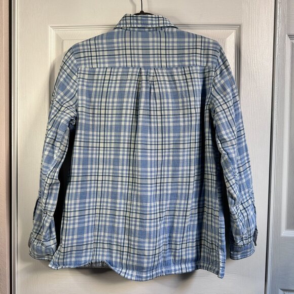 Women's XS LL Bean Light Blue Plaid Gray Fleece Lined Cotton Flannel Button Up - Picture 2 of 10